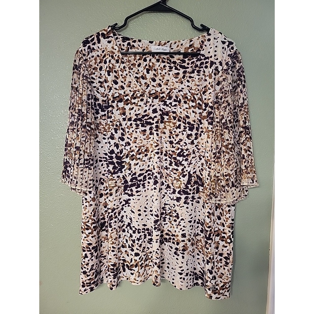 Calvin Klein‎ Top Womens 2X V-neck Flutter Sleeve Leopard Print